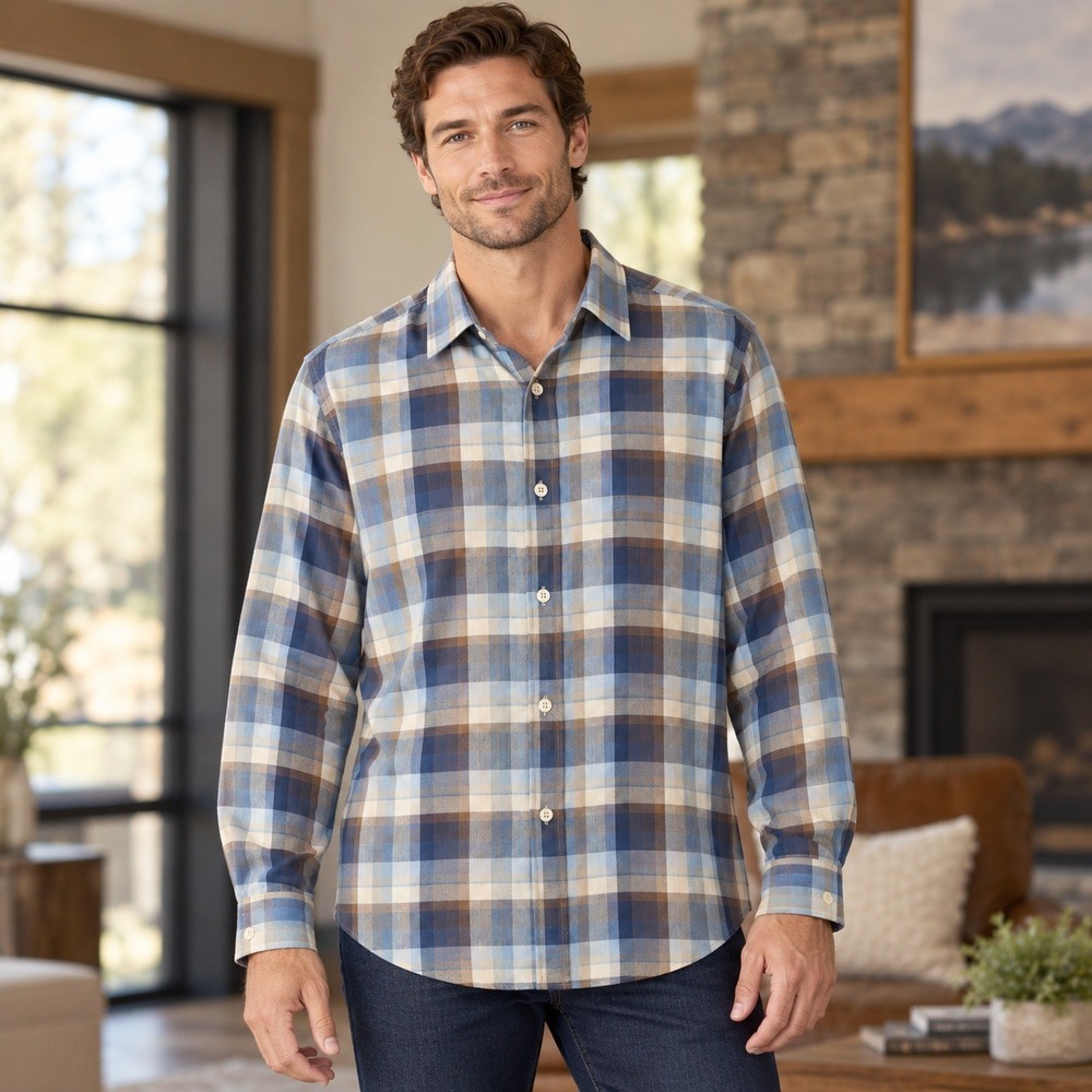 California Shirt Co 1976 Mens XL Tall Blue Brown Plaid Cotton Button Down Shirt